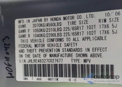 2007 Honda Cr-V Lx from USA, damaged, VIN JHLRE48327C027677